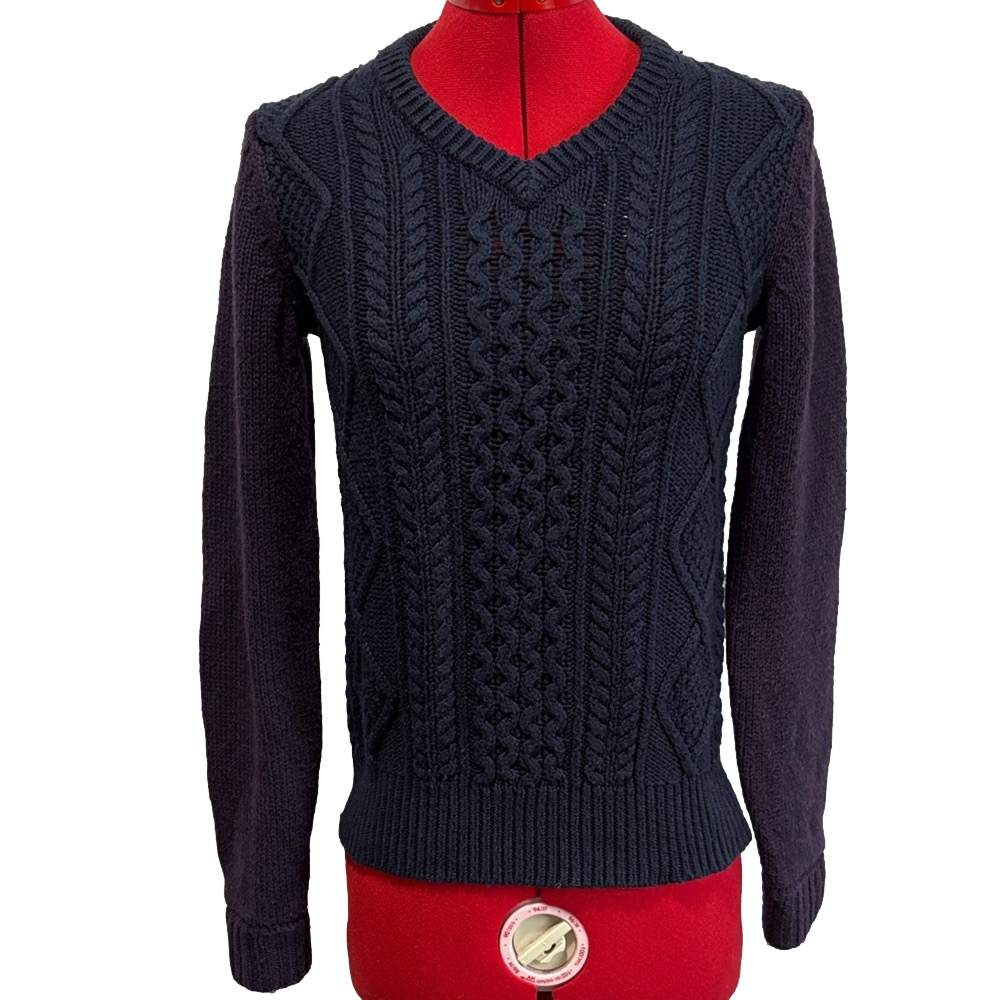 JW Anderson Navy V Neck Cable Knit Sweater